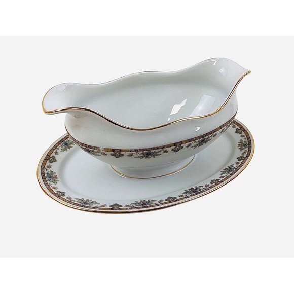 Royal Beyreuth Gravy Boat Bavaria Porcelain Gold Trim Floral Attached Underplate - Picture 6 of 9